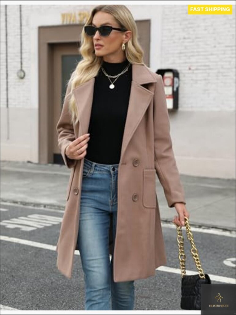 Women Wool Blend Pea Coat Double-Breasted Notch Lapel Long Sleeve Winter Jacket - Picture 3 of 7